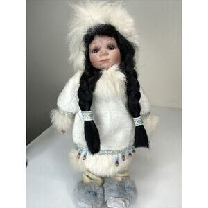 Vintage 11" Alaskan Friends Genuine Porcelain Native Style Eskimo Doll and Stand